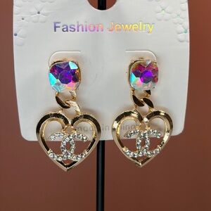 Gold Heart Earrings with Iridescent Crystal Accents